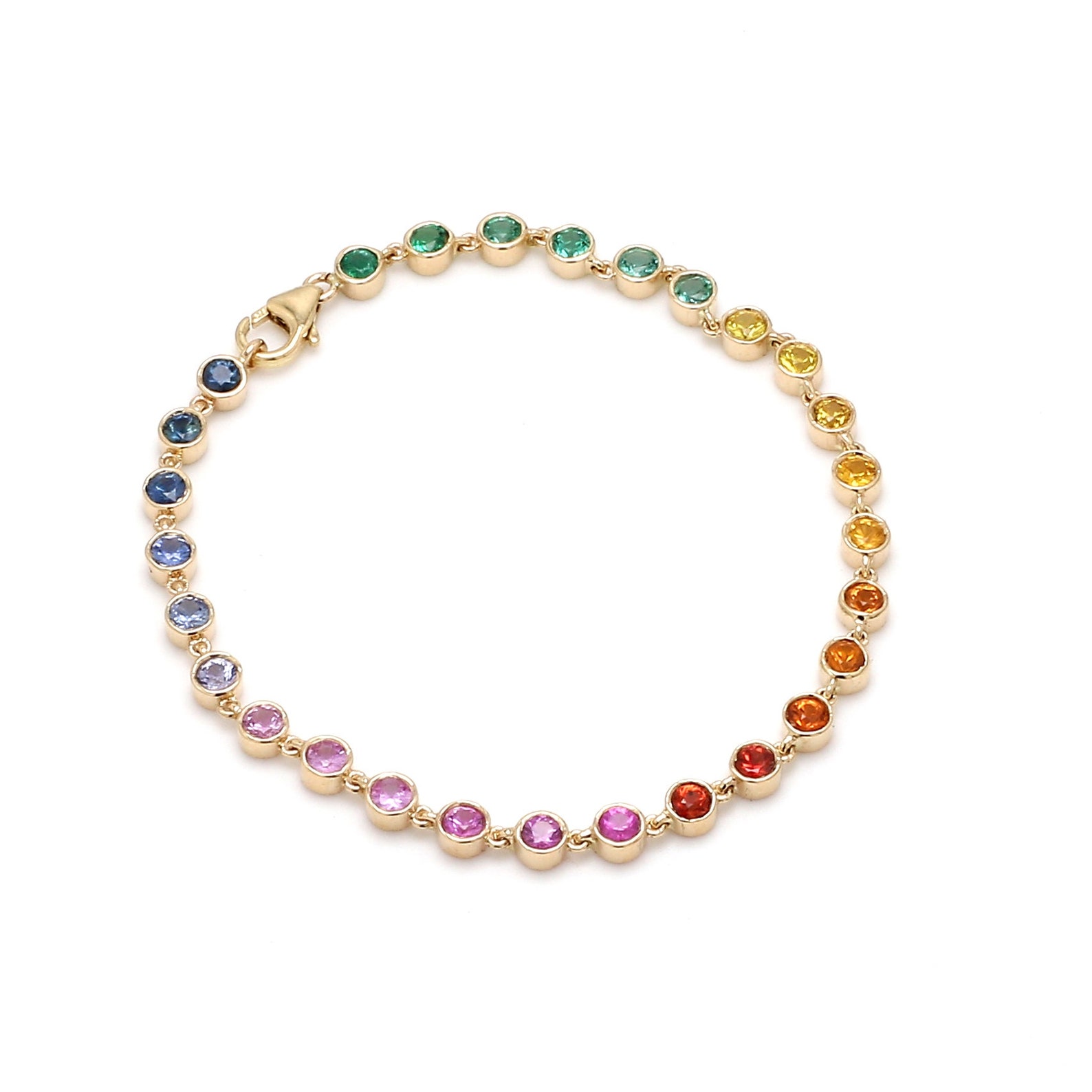 Rainbow sapphire bezel set tennis bracelet with emerald in 14k | Etsy