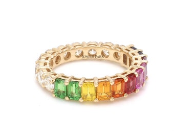 Rainbow sapphire diamond eternity band gold | Natural 1ct diamond rainbow sapphire ring | Emerald cut rainbow ombre ring | Rainbow ring gold