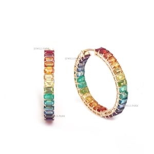 Rainbow sapphire emerald big earring hoops gold | Natural emerald cut rainbow gemstone hoop earrings gold | Rainbow ombre earring hoops gold