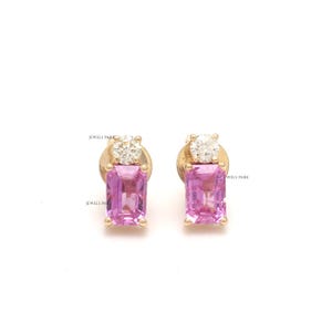Pendientes de oro con zafiro rosa y diamante talla esmeralda / Zafiro rosa natural con diamantes octogonales redondos / Mini pendientes de oro con zafiro rosa