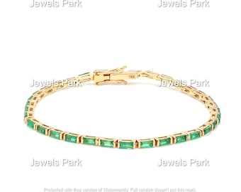 Natural emerald tennis bracelet in solid 14k 18k gold, 4x2mm baguette cut bar set emerald tennis bracelet, Green emerald chain bracelet gold
