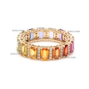 Rainbow sapphire octagon diamond band ring gold | Natural rainbow ombre sapphire diamond ring gold | Multi sapphire rainbow ombre ring gold