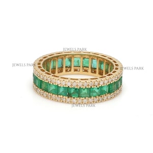 Emerald princess cut diamond eternity band gold | Emerald diamond ring 14k solid gold ring | Emerald diamond stackable eternity band gold