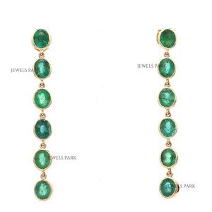 Real emerald oval shape bezel set link earrings gold | Natural 8CTW oval emerald dangling earrings gold | Emerald cut emerald earrings gold