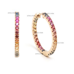 Rainbow sapphire big hoops earrings gold | Natural  rainbow ombre sapphire hoops earrings gold | Round cut rainbow ombre sapphire hoops gold