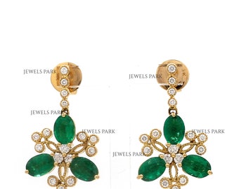 Emerald oval cut diamond filigree art deco earrings gold | Natural oval cut emerald dangling earring gold | Antique emerald earrings gold