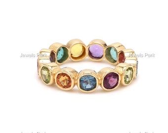 Rainbow sapphire emerald ring eternity band | Natural 4MM bezel set rainbow gem big ring | Emerald cut emerald ring gold | Rainbow ring gold