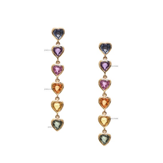 Rainbow sapphire heart drop dangling earrings gold | Natural multi sapphire heart bezel set long earrings gold | Sapphire dangling earrings
