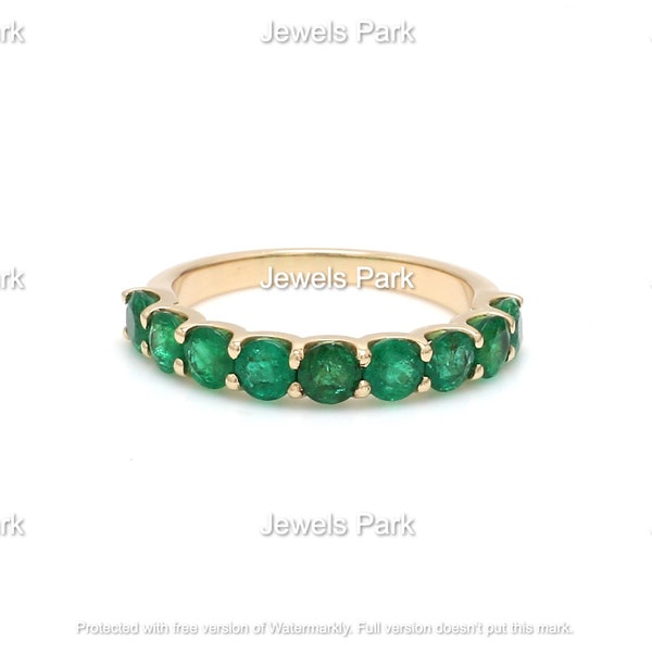 Anel de esmeralda real banda meia eternidade em ouro maciço 14K | Anel de esmeralda verde natural | Banda da eternidade esmeralda com pino U de 3,50 MM | Anel de esmeralda ouro