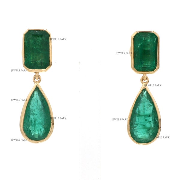 Emerald cut and pear cut emerald dangling earrings gold | Natural emerald earrings gold | Real pear and emerald cut emerald earrings gold