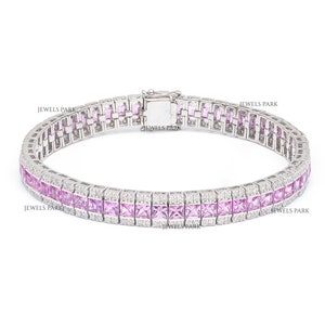 Pink sapphire princess cut tennis bracelet in gold | Pink sapphire diamond bracelet | Real pink sapphire bracelet | Sapphire bracelet
