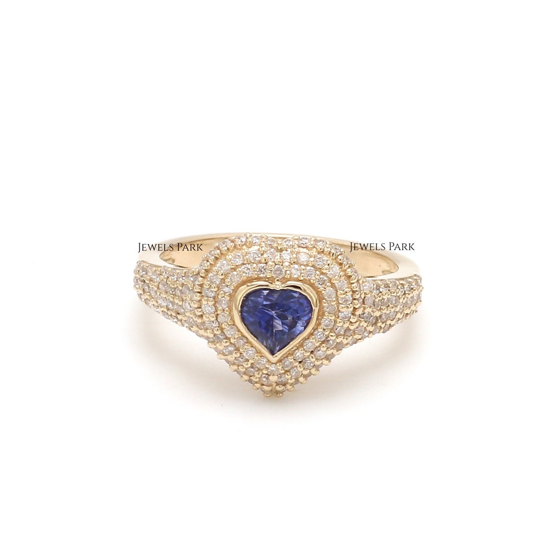 Blue Sapphire Bezel Set Heart Ring With Diamond in 14K Gold | Natural ...