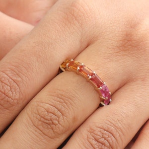 Rainbow sapphire emerald cut eternity band ring gold | Natural vibrant colour rainbow sapphire eternity band gold | Rainbow sapphire ring
