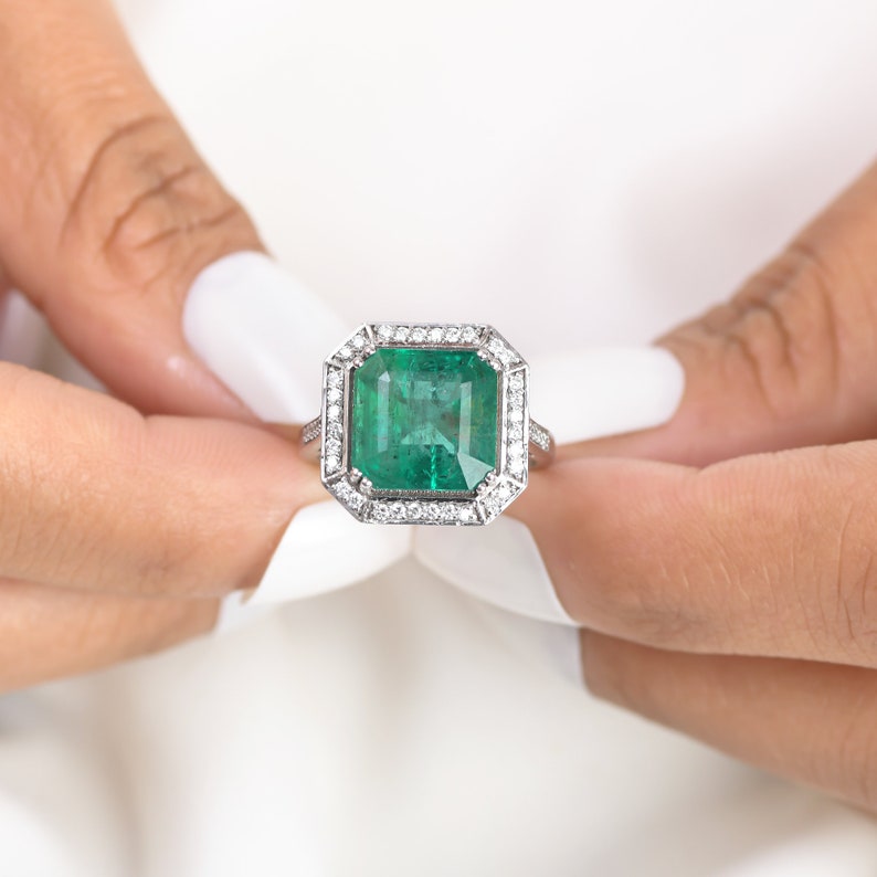 Big emerald cut emerald and pave diamond ring gold Natural 10ct asscher emerald cut ring gold Big huge emerald cut solitaire ring gold image 4