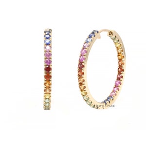 Rainbow sapphire hoops earrings solid 14K gold | Natural 1.5 inches rainbow sapphire ombre hoops earrings | Ready to ship rainbow hoops gold