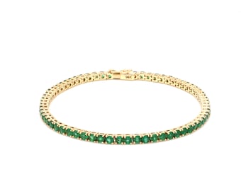 14K gold natural emerald tennis bracelet | Natural round cut emerald tennis bracelet chain | Green emerald bracelet gold with box clasp gift