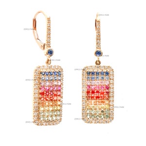 Rainbow sapphire dog tag earrings gold | Natural rainbow sapphire pave diamond dangling earrings gold | Round rainbow sapphire earrings gold