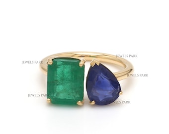 Emerald and Blue sapphire two stone ring gold | Natural emerald and sapphire toi et moi ring gold | Emerald cut emerald pear sapphire gold