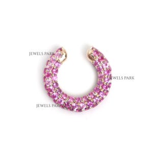 Pink sapphire ear cuff earrings gold | Natural pink sapphire gold pave set ear cuff earrings | Mini pink sapphire ear cuff earrings gold