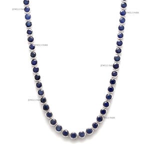 Natural blue sapphire tennis necklace gold | Blue sapphire big round cut bezel set tennis necklace | Round blue sapphire necklace gold
