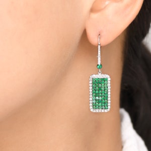 Real emerald pave set dog tag dangling earrings gold | Natural 5CTW emerald diamond dangling earring gold | Emerald cut emerald earring gold