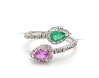 Emerald and pink sapphire two stone spiral ring gold | Natural emerald and sapphire ring gold | Emerald and pink sapphire pear cut ring gold