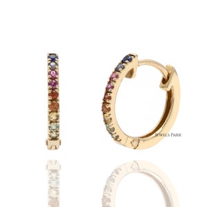 14K solid gold rainbow sapphire ear cuff hoops earrings | Natural sapphire tiny hoops earrings gold | Ombre rainbow hoops gold | Pride hoops