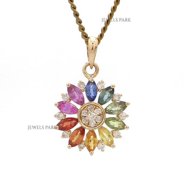 Rainbow sapphire marquise diamond pendant necklace gold | Natural floral pattern rainbow ombre pendant gold | Rainbow sapphire pendant gold