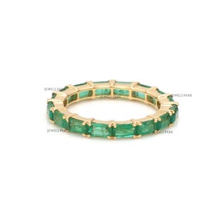 Natural emerald eternity band ring gold | Natural emerald cut emerald prong set stackable ring gold | Green emerald thin band ring gold