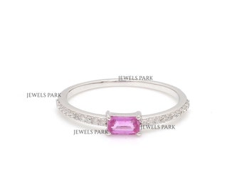 Pink sapphire diamond solitaire ring gold | Natural octagon pink sapphire diamond ring gold | Real pink Sapphire emerald cut diamond ring