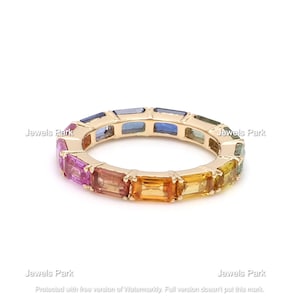 Anillo de eternidad personalizado con zafiro arcoíris de corte octágono de 4-5 quilates en total en oro de 14 quilates y 18 quilates, anillo de oro con zafiro rosa y zafiro rosa natural