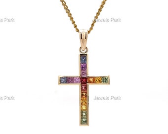 Rainbow sapphire unisex cross pendant necklace with chain in 14k 18k gold | Natural dainty art deco 3 ct multi sapphire rainbow pendant gold