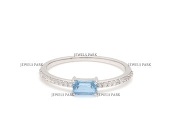 Aquamarine emerald cut diamond thin ring gold | Natural aquamarine emerald cut mini solitaire ring gold | Aquamarine solitaire ring gold