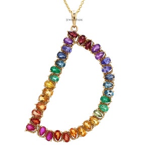 Pingente de carta de safira arco-íris em ouro 14K | Pedra preciosa do arco-íris natural grande pingente de ouro | Colar com pingente de nome arco-íris ombre presente personalizado