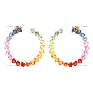 Rainbow sapphire pear cut hoops earring gold | Natural 5x4MM 14-15CTW rainbow sapphire baali hoops earring gold | Rainbow hoop earrings gold