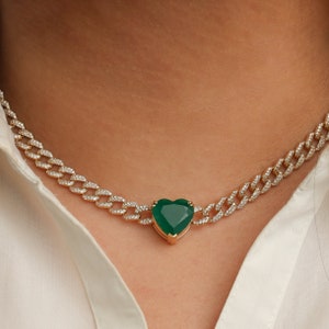 Big emerald heart diamond miami chain necklace 14K solid gold | Natural emerald heart cuban chain choker | Green heart curb chain gold
