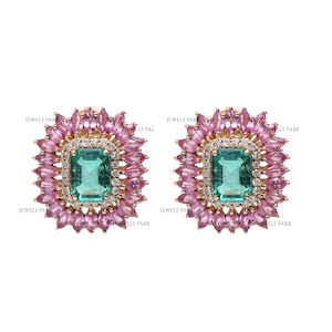 Rosa Saphir Marquise Smaragd Diamant Ohrring Gold | Natürliche Smaragdschliff Smaragd rosa Saphir Ohrstecker | Pink Saphir Ohrringe Gold