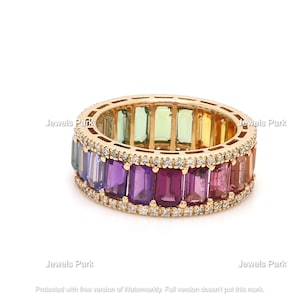 Rainbow sapphire emerald cut eternity band ring with diamonds in solid gold | Rainbow gemstone ombre gay pride ring gold | Rainbow ring gold