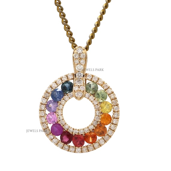 Rainbow Sapphire Diamond Pendant Necklace Gold Natural Multi