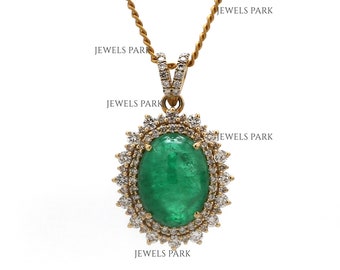 Emerald oval cabochon with diamond vintage pendant gold | Natural emerald diamond prong set pendant gold | Emerald oval cut diamond pendant
