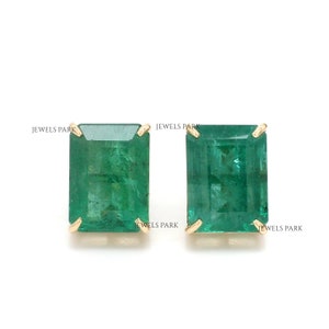 Real emerald prong set big octagon cut studs earring gold | Natural emerald cut emerald studs gold | Emerald stud earring gold ready to ship