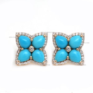 Pendientes de oro con grandes flores y diamantes de color turquesa / Pendientes de oro con grandes flores y cabujón de turquesa natural en forma de pera / Pendientes de oro con turquesa