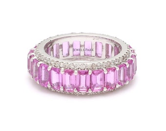 Pink sapphire emerald cut eternity band ring gold | Natural pink sapphire diamond ring | Pink wedding ring gold | Emerald cut eternity band