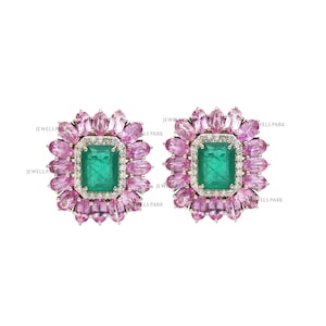 Rosa Saphir Oval Smaragd Diamant Ohrring Gold | Natürliche Smaragdschliff Smaragd rosa Saphir Ohrstecker | Rosa Saphir Ohrstecker gold