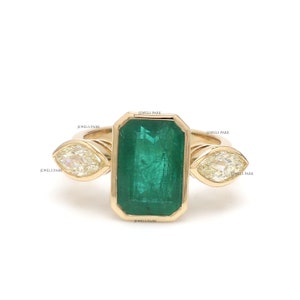 Emerald cut emerald vintage marquise diamond ring gold Natural emerald cut emerald antique ring gold Emerald bezel set diamond ring gold image 2