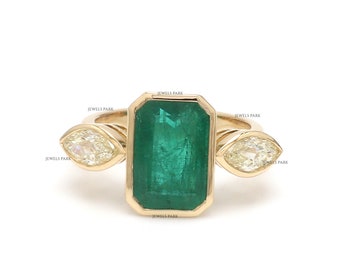 Emerald cut emerald vintage marquise diamond ring gold | Natural emerald cut emerald antique ring gold | Emerald bezel set diamond ring gold