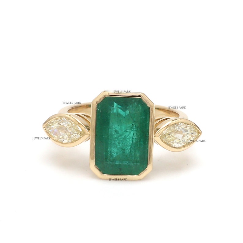 Emerald cut emerald vintage marquise diamond ring gold Natural emerald cut emerald antique ring gold Emerald bezel set diamond ring gold image 2