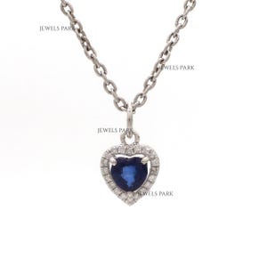 Blue sapphire heart and diamond pendant necklace gold | Natural blue sapphire heart halo pendant gold | Mini heart cut sapphire pendant gold
