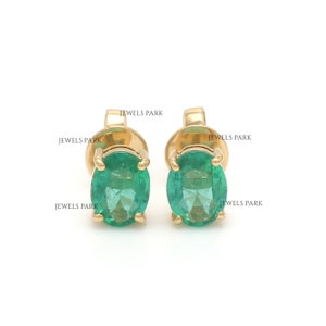 Real oval emerald prong set studs earrings gold | Natural oval cut emerald stud earring gold ready | Emerald mini oval studs earrings gold