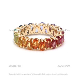 Rainbow sapphire emerald rainbow gemstone eternity band ring in solid 14k 18k gold, Natural pear cut rainbow ring gold, Ombre rainbow band